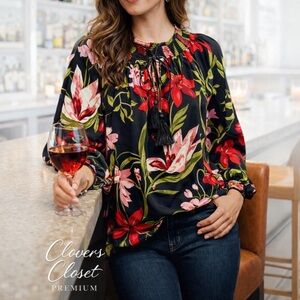 Venus Floral Peasant Blouse Black Long Sleeve Tassel Top Size 2